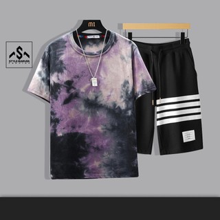 Set đồ nam STYLE MARVEN áo thun loang màu cá tính và quần shorts đùi phối vân - TOP 178 + SHORTS 16 B