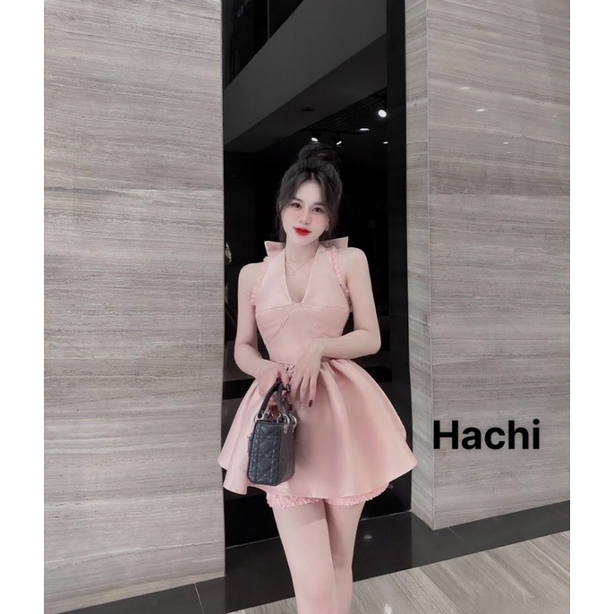 Set bộ tafta quần ren nổi yếm váy xoè phối nơ sau lưng