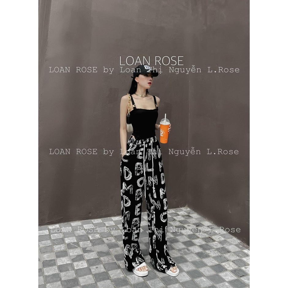 [4.4 Sales Freeship] Set bộ áo đen 2 dây cổ vuông phối quần dài ống rộng in chữ hoạ tiết đi chơi, dạo phố siêu chất mtb