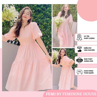 Đầm Caro Xếp Nhún, Váy đầm nữ dáng dài maxi caro hồng Freesize diện đi đâu cũng xinh