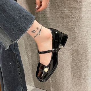 Retro đầu vuông thời trang giày đơn một khóa gót dày Mary Jane giày búp bê nữ