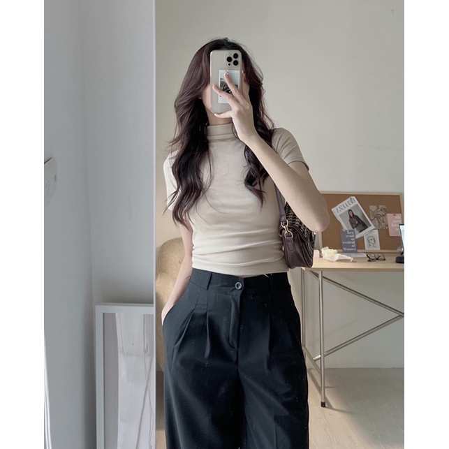Áo croptop tay ngắn cổ cao