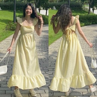 Đầm vàng midi thắt nơ lưng