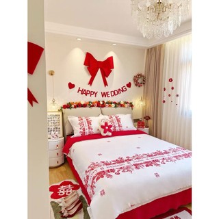Lụa satin in họa tiết song hỷ đám cưới tone đỏ wedding