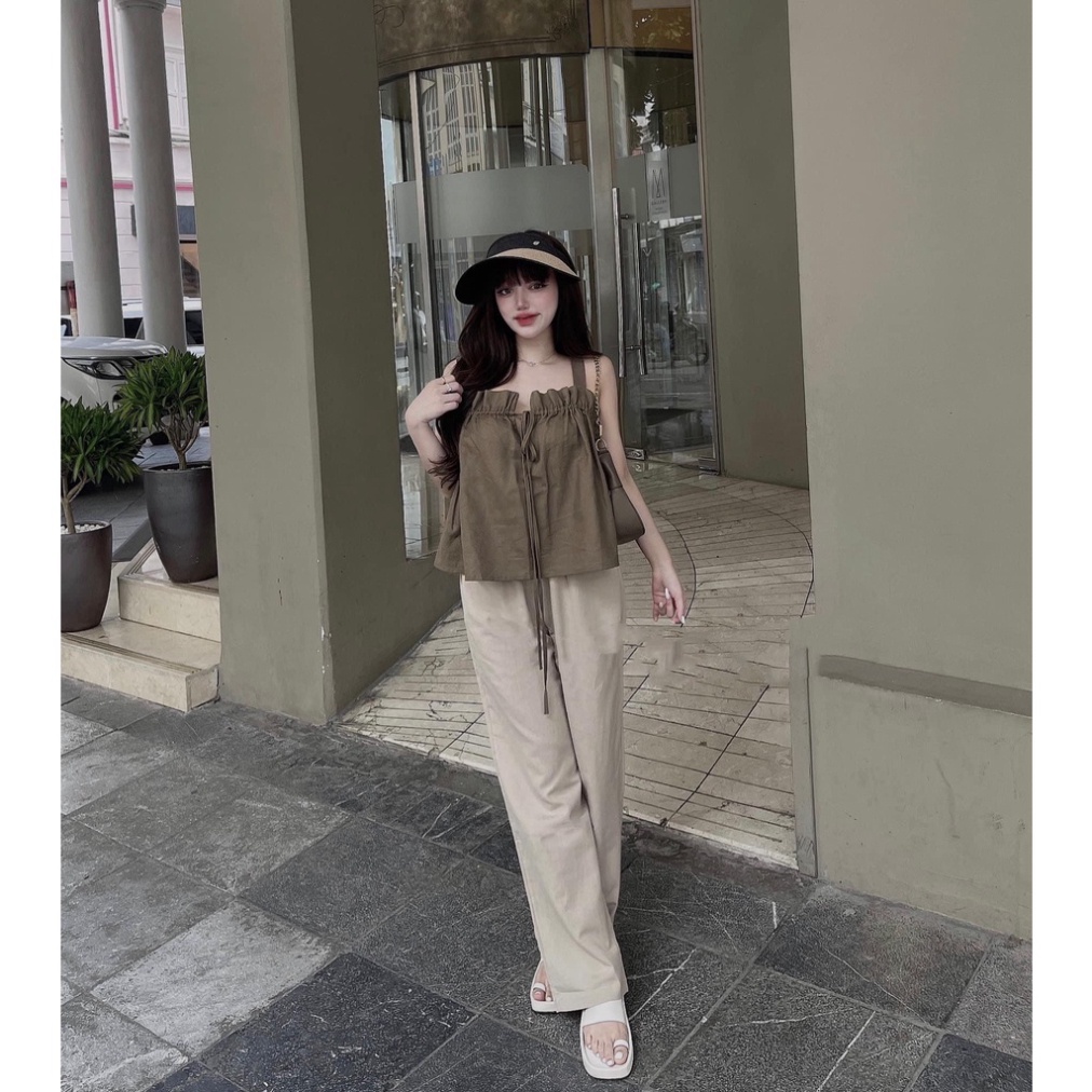 Set Áo 2 Dây Thắt Dây Trước Ngực, Mix Quần Ống Xuông Nâu Tây