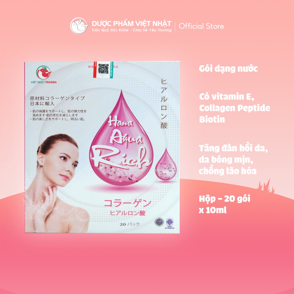 Nước Uống Cấp Ẩm Hana Aqua Rich bổ sung collagen giúp giảm lão hóa da, làm đẹp da, giúp da sáng mịn. Hộp - 20 gói x 10ml