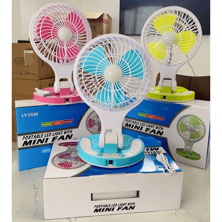 Quạt sạc tích điện gấp gọn  kèm đèn led