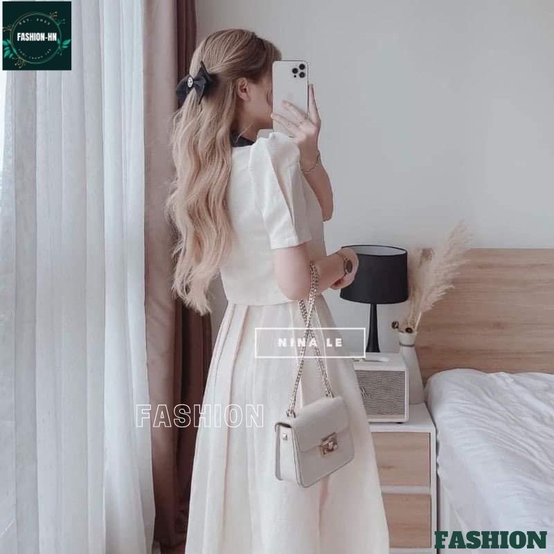 Sét váy nữ trắng xòe dáng dài và áo cộc tay bồng tiểu thư - Bộ chân váy sang chảnh ulzang - FASHION V86