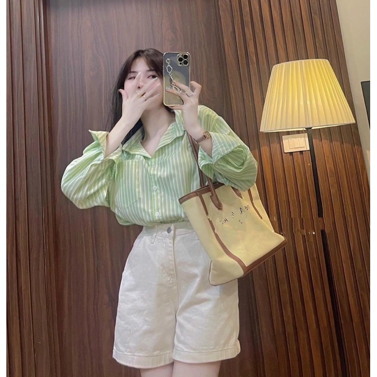 Set Áo Sơ Mi Kẻ Xanh + Quần Short