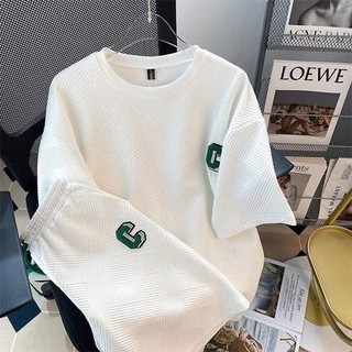 Bộ quần đùi áo thun tay ngắn dáng rộng chất cotton, Set bộ áo phông form rộng kèm quần short thêu chữ C