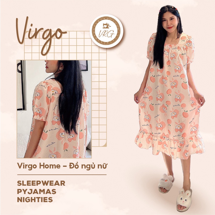 Váy ngủ Pyjamas nữ vải xốp Thái cao cấp VIRGO siêu mát đầm ngủ dáng dài cộc tay in họa tiết dễ thương dáng rộng