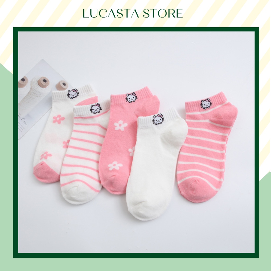 Tất nữ Vớ nữ cổ ngắn cotton thoáng khí màu hồng hello kitty V33