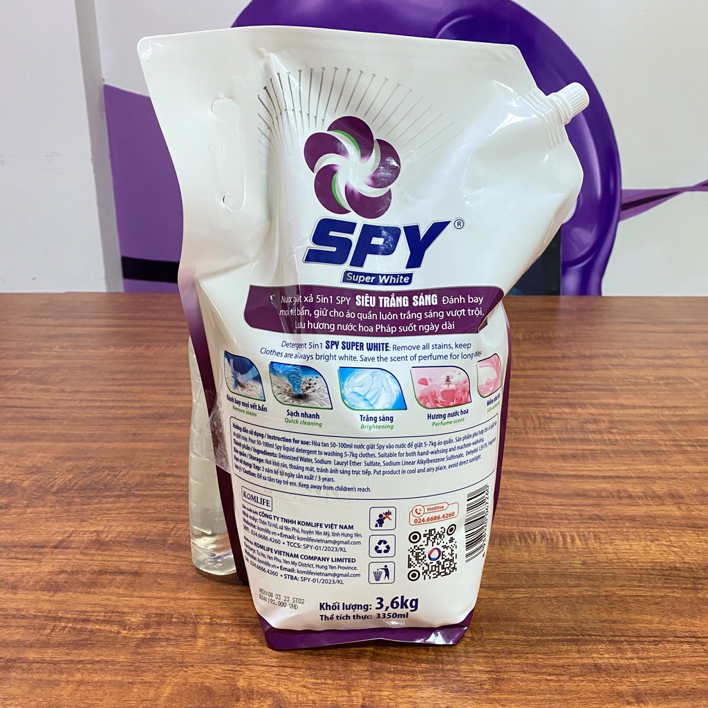 (New) Combo 2 túi nước giặt xả SPY Super White Luxor 3,6kg siêu trắng sáng hương nước hoa Pháp