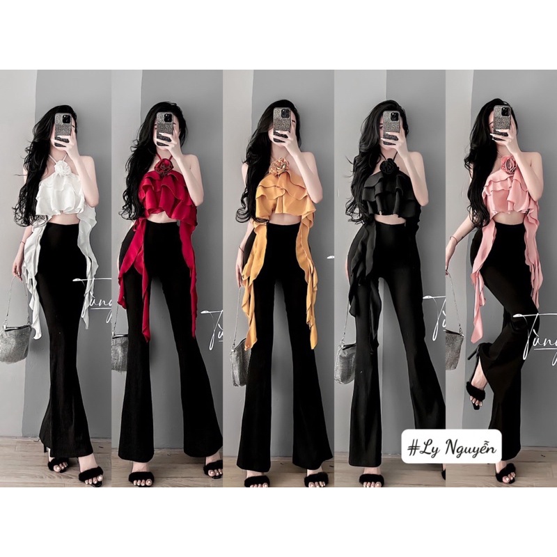 Áo cổ yếm đính hoa 3 tầng bèo dài 2 bên vải gân co giãn, áo 3 tầng bèo, áo cổ yếm đính hoa bèo dài 2 bên