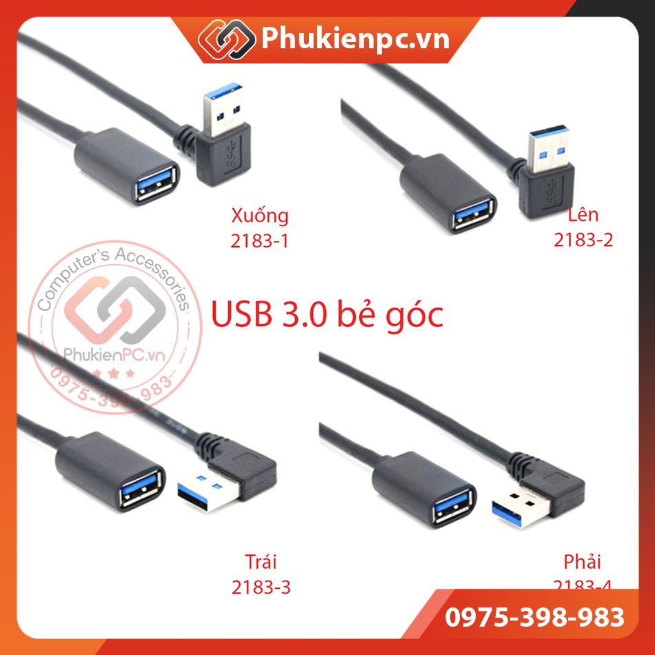 Cáp nối dài USB 3.0 bẻ góc 90 độ UP Down Left Right 30cm cho máy công nghiệp thiết bị điện tử máy tính PC Laptop cáp sạc