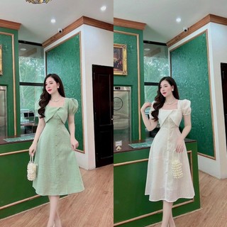 Váy đầm nữ dáng xòe cổ vuông tay bồng phối nút xinh xắn kiểu dáng trẻ trung độc đáo cho nàng đi dự tiệc