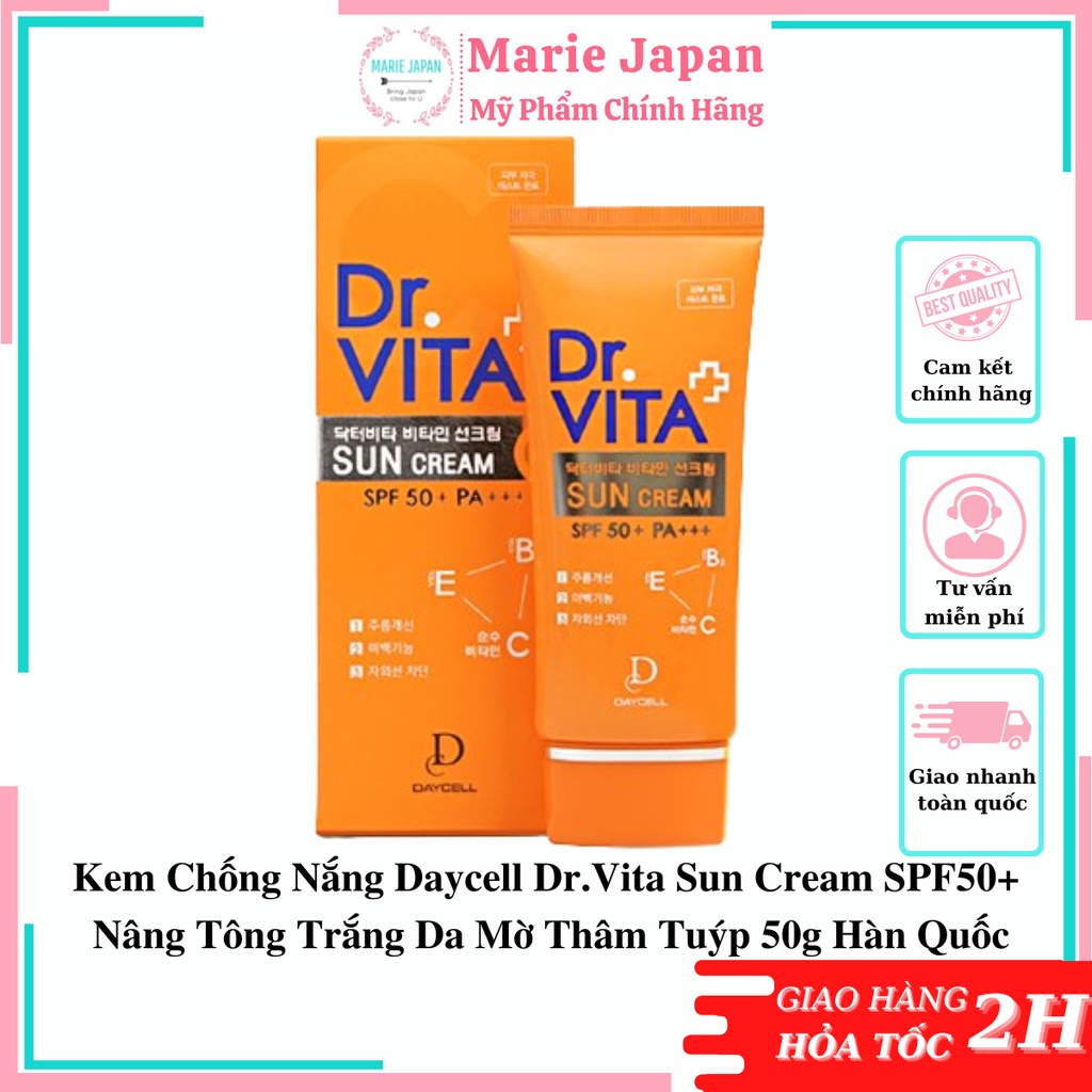 Kem Chống Nắng Daycell Dr.Vita Sun Cream SPF50+ Nâng Tông Trắng Da Mờ Thâm Tuýp 50g Hàn Quốc