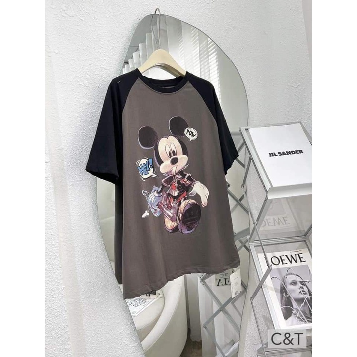 Áo phông thun form rộng unisex 3158 mặc đôi chất cotton hình mickey phối tay