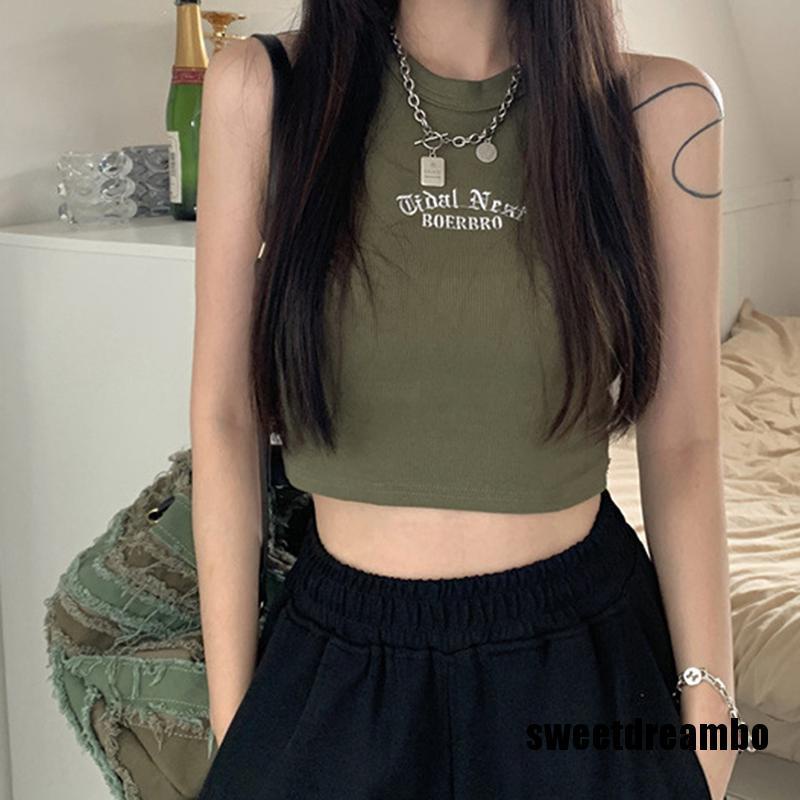 Áo Croptop Sát Nách Cổ Tròn Thêu Chữ Thời Trang Mùa Hè Cho Nữ