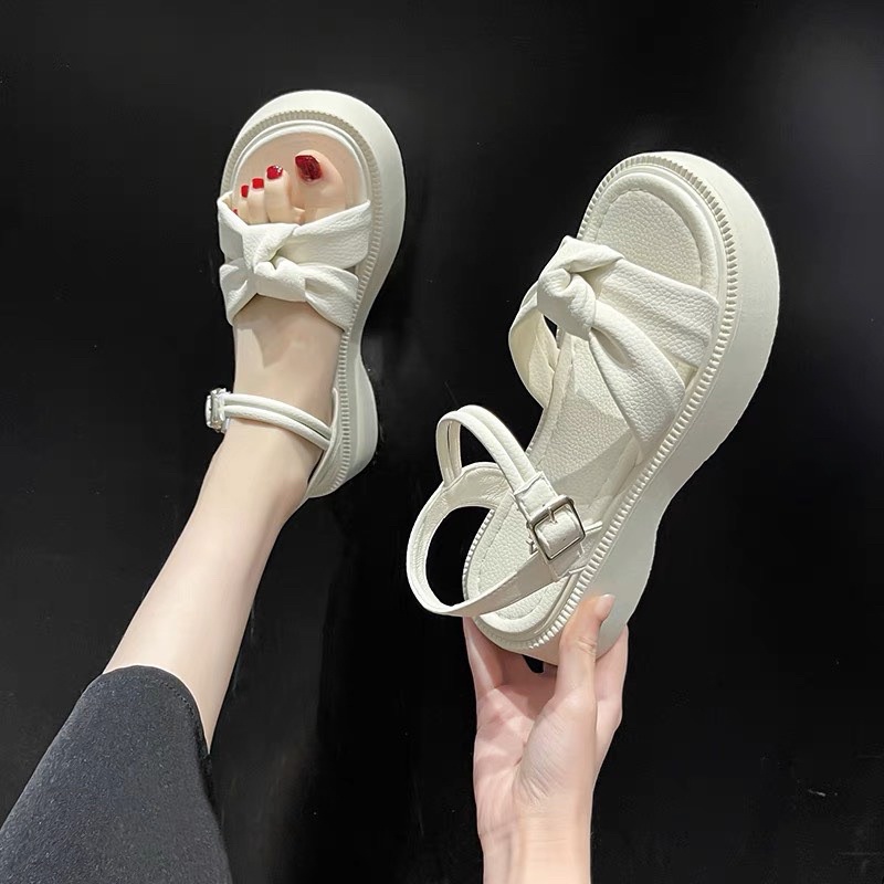Giày sandal nữ nơ phong cách tiểu thư bánh bèo đế cao 5cm chất liệu da PU cao cấp phù hợp đi học