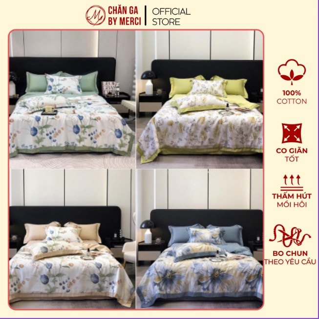 Bộ chăn ga gối lụa thái 4 món, chăn lót bông, chất liệu lụa mềm mịn mát by Merci