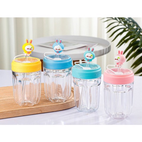 Cốc thuỷ củ cải tai thỏ kèm ống hút  ly thủy tinh dễ thương 400ml BN 001