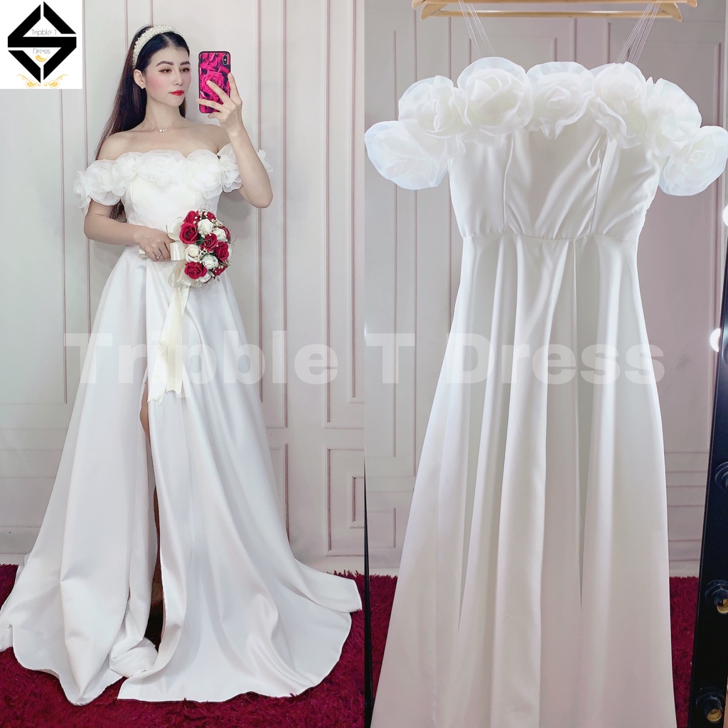 Đầm maxi cho dâu mặc cưới TRIPBLE T DRESS bẹt vai hoa hồng xẻ đùi siêu xinh- size S/M/L - MS286Y