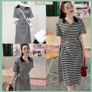 Váy nữ cổ sơ mi phối đen dáng dài đầm nữ rút eo hai bên kẻ ngang dáng dài freesize