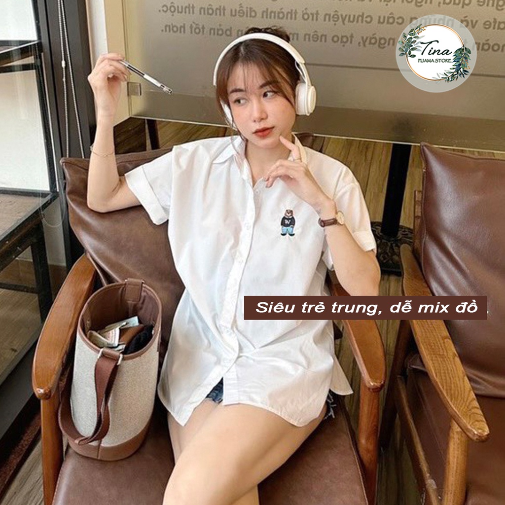 Áo sơ mi nữ trắng tay ngắn Tina form rộng bigsize thêu hình gấu