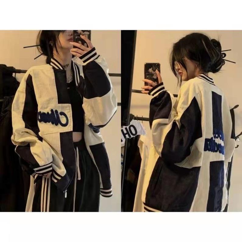 Áo khoác bóng chày, áo bomber kẻ nhung chữ thêu 2 lớp lót gió thời trang nam nữ doulbeh.store