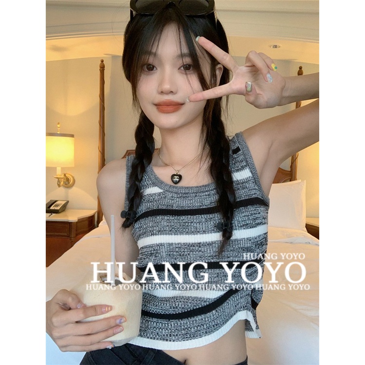 HUANG YOYO Áo Tank Top Dệt Kim Sát Nách Kẻ Sọc Kiểu Hàn Quốc Thời Trang Mùa Hè Cho Nữ
