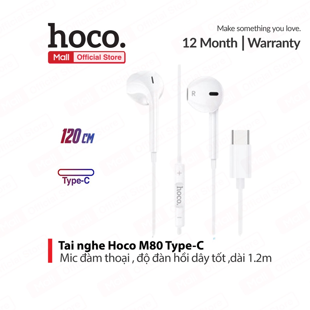 Tai nghe nhét tai Hoco M80 jack cắm Type-C,dài 1.2m có nút cao su chống tiếng ồn, âm thanh bass trầm