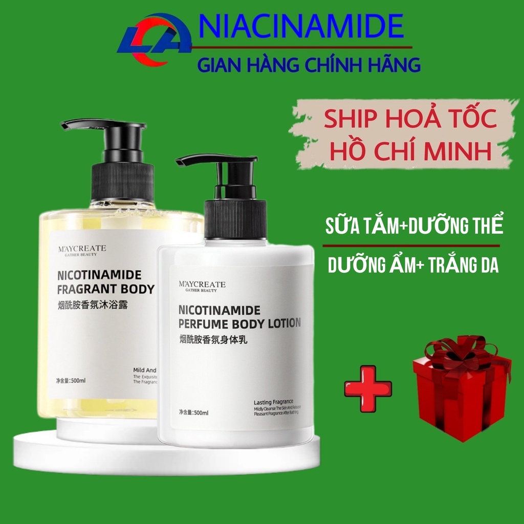 Combo sữa dưỡng thể, sữa tắm dưỡng trắng Niacinamide Maycreate Unisex 500ml