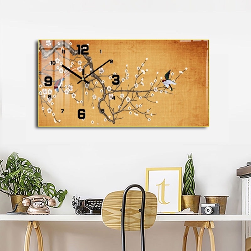 tranh đồng hồ hoa mai 50x75cm sẵn treo chất liệu tráng gương