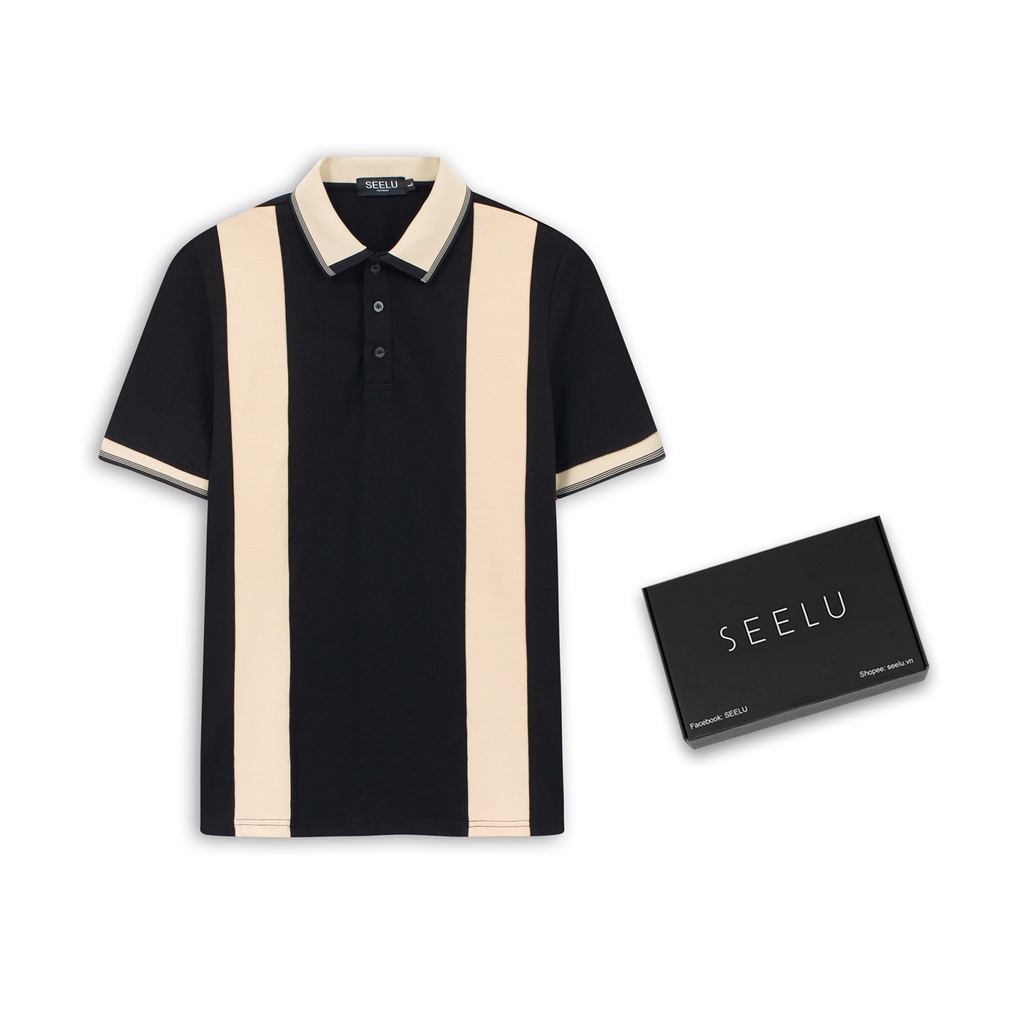 Áo thun POLO nam SEELU Fullbox, vải cá sấu Cotton, chống nhăn, thoáng mát - Phối 2 sọc thân be