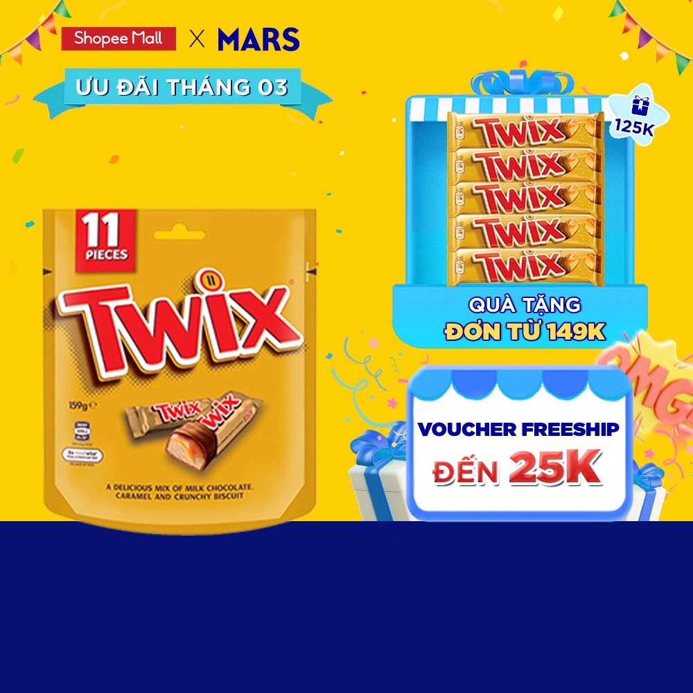 Thanh bánh quy Twix phủ Sô cô la Sữa và Caramen 159g