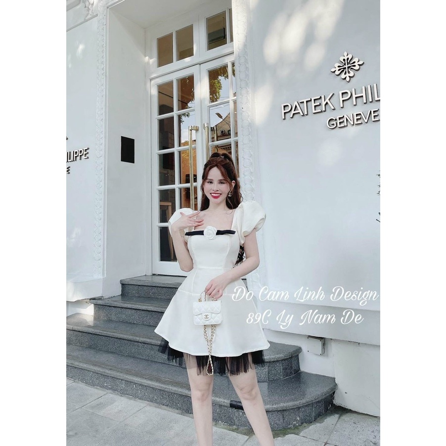Đầm váy nữ cổ vuông tay phồng ngắn xoè chữ A 🔥tafta lụa óng ánh🔥 tag nơ ren lưới đen trắng nude cao cấp dự tiệc bigsize