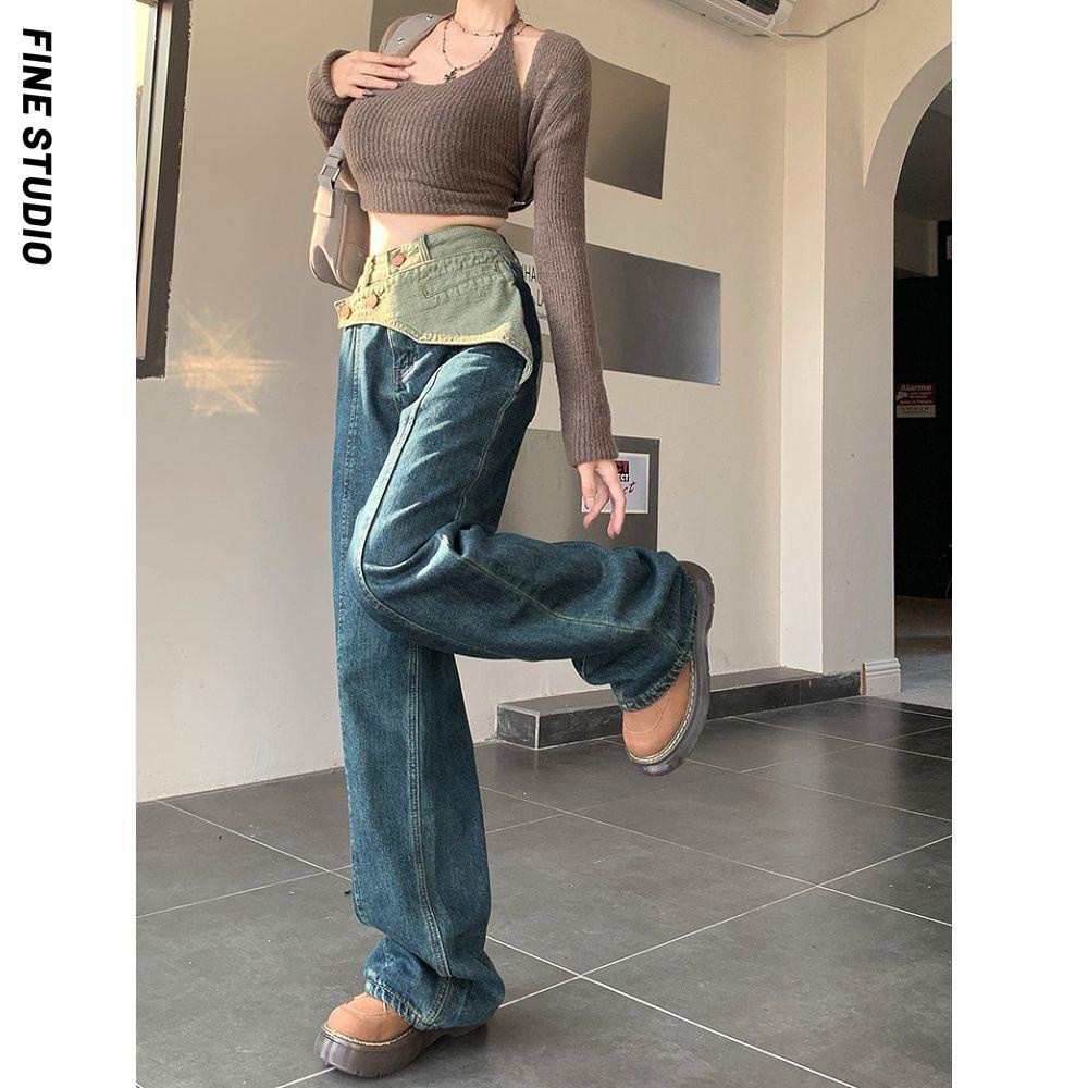 Quần Jean Nữ Ống Rộng Lưng Cao Phong Cách Retro Thời Trang Xuân Thu 2023