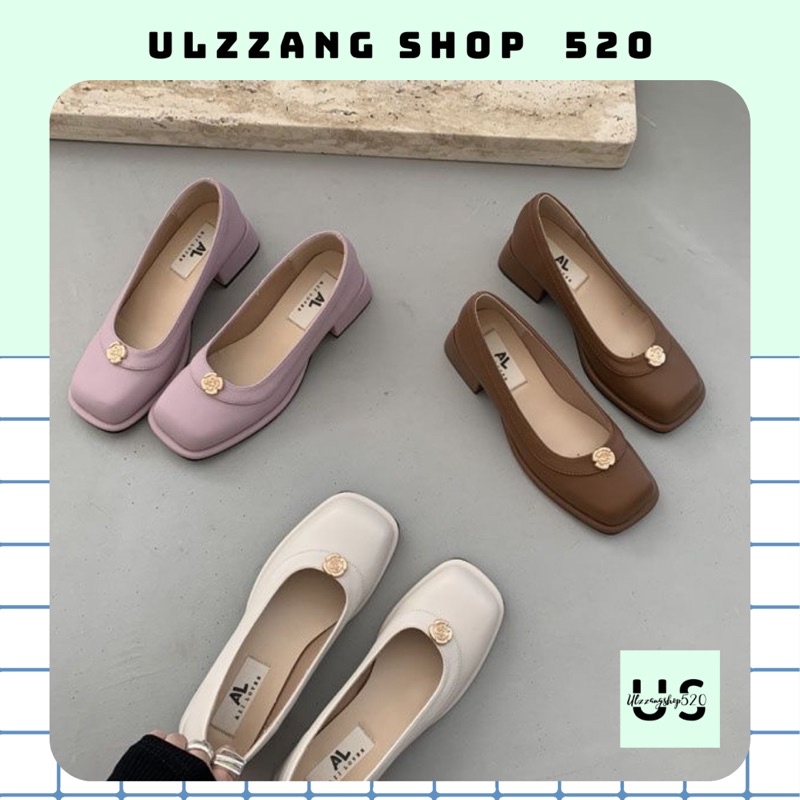 Giầy búp bê mũi vuông gót vuông 3 phân khuy cài hoa trà xinh xắn nhẹ nhàng kiểu dáng Hàn Quốc Ulzzangshop520
