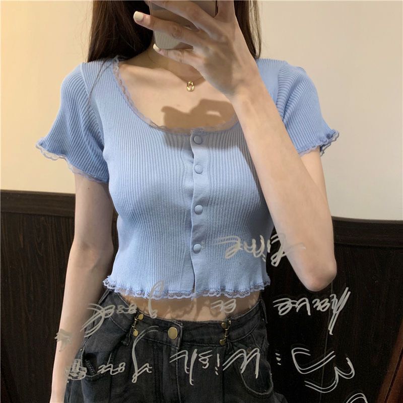 Áo croptop tay ngắn phối viền ren áo thun nũ cộc tay ôm body