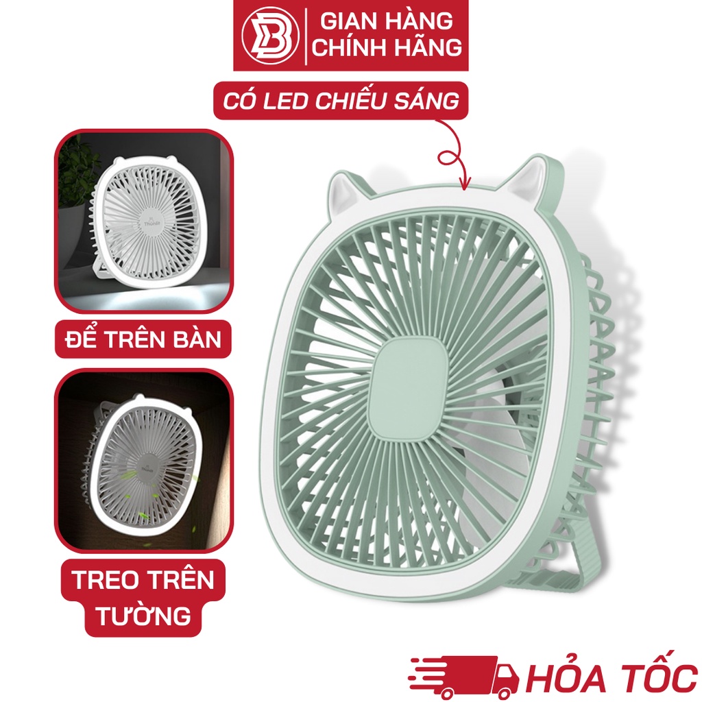 Quạt Tích Điện Để Bàn, Treo Tường Mini Có Đèn Chiếu Sáng, Điều Chỉnh 3 Tốc Độ Gió,Có Thể Sạc Lại Cổng Sạc USB