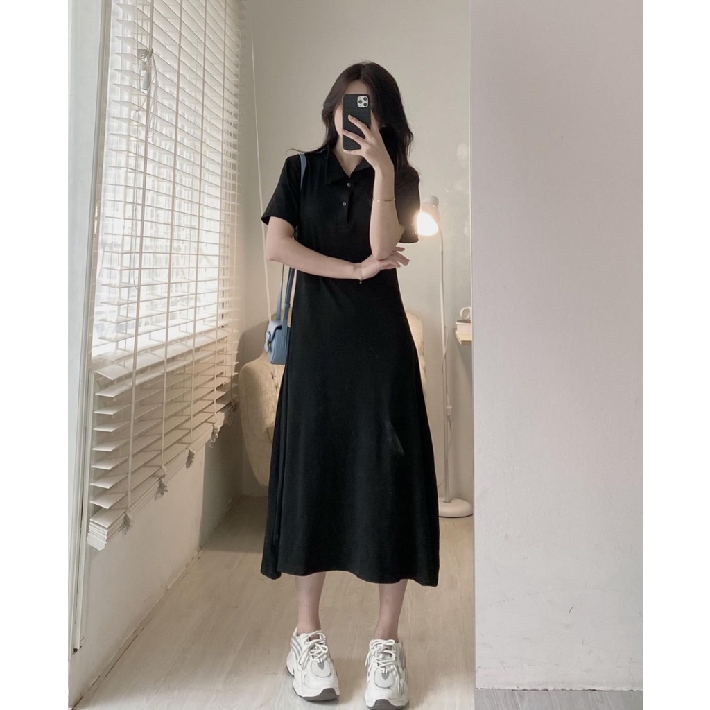 Đầm polo cổ đức dáng suông EMIX, váy chữ A dáng dài, chất cotton, cộc tay, freesize dưới 55kg 1047