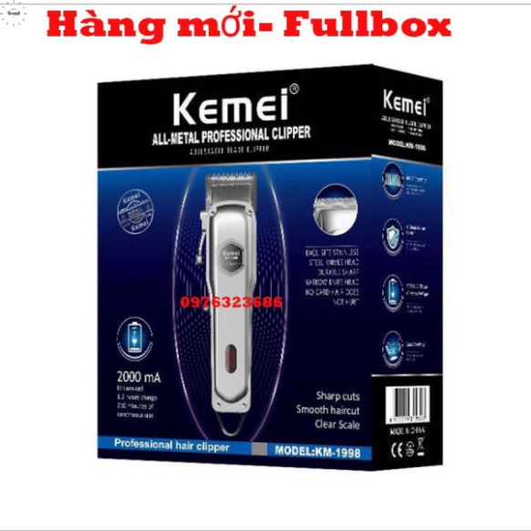 Tông đơ cao cấp kemei 1998 pin Lithium-ion sử dụng 150 phút, tăng đơ cắt tóc chuyên nghiệp