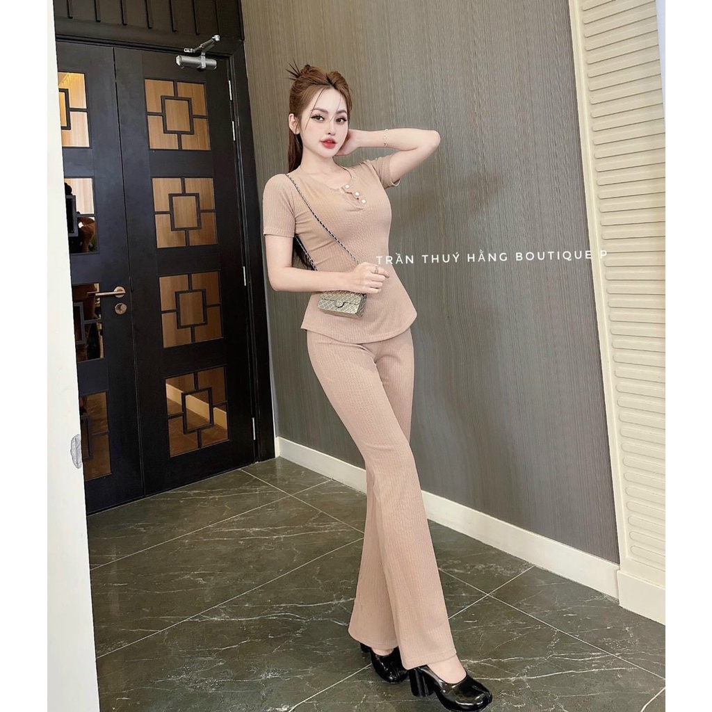 Set bộ nữ thun xốp áo cổ trong tay ngắn đính nút kèm quần dài siêu hack dáng