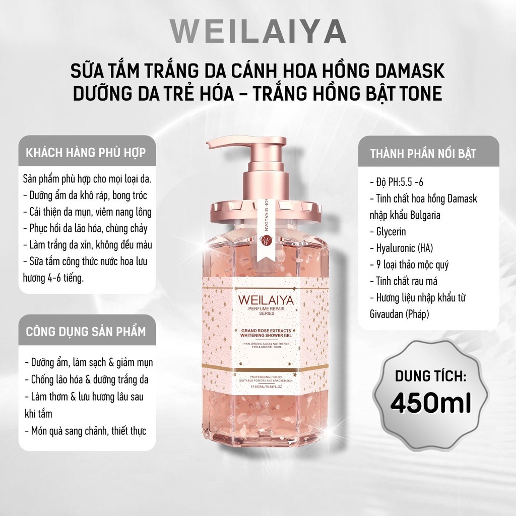 Sữa tắm hoa hồng Damask Weilaiya, hương nước hoa làm sạch cấp ẩm cho da, chai 450ml