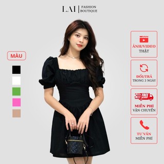Váy nhún lưng nhiều màu, Đầm Váy Cổ Vuông Nhún Ngực có mút ngực, đầm xòe nhún tay phồng chất LINEN