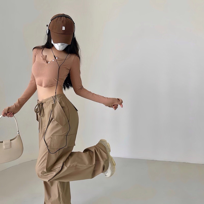 Quần Cargo Pants túi hộp ống rộng phối dây rút eo vải Kaki mềm phong cách thời trang Uniex Streetwear