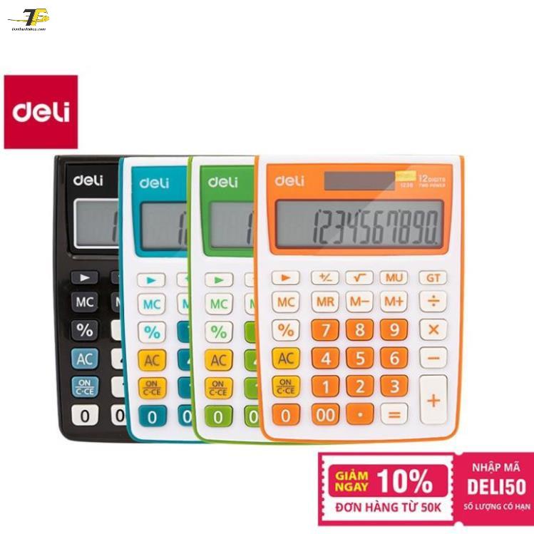 Máy tính kỹ thuật 12 số Deli 1238 - Đen, Cam, Xanh dương, Xanh lá