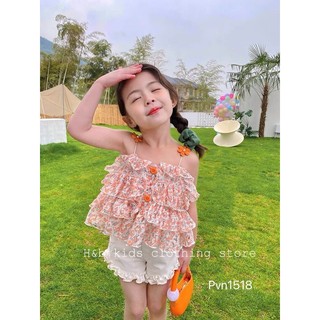 Bộ đồ hè bé gái áo voan hoa xếp tầng quần bèo siêu xinh