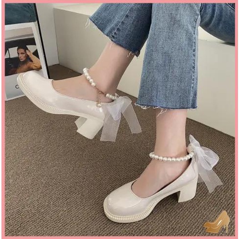 Giày cao gót Mary Jane gót thô